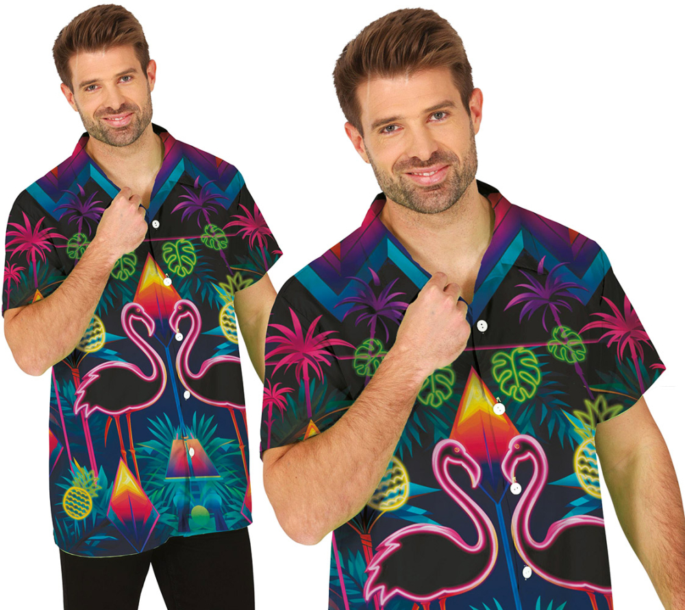 Hawaii skjorte neon flamingo, L