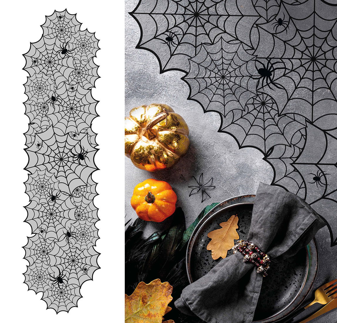Augshy Runner Da Tavolo Halloween 45x183 Cm Con 18 Ragni - Ragnatela Nera - Decorazione - 4