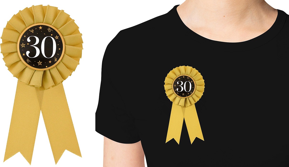 Badge 30 med satinbånd guld