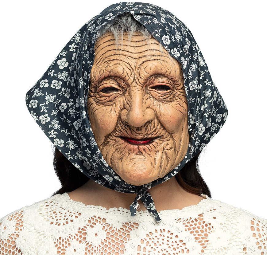 Gammel dame med tørklæde maske