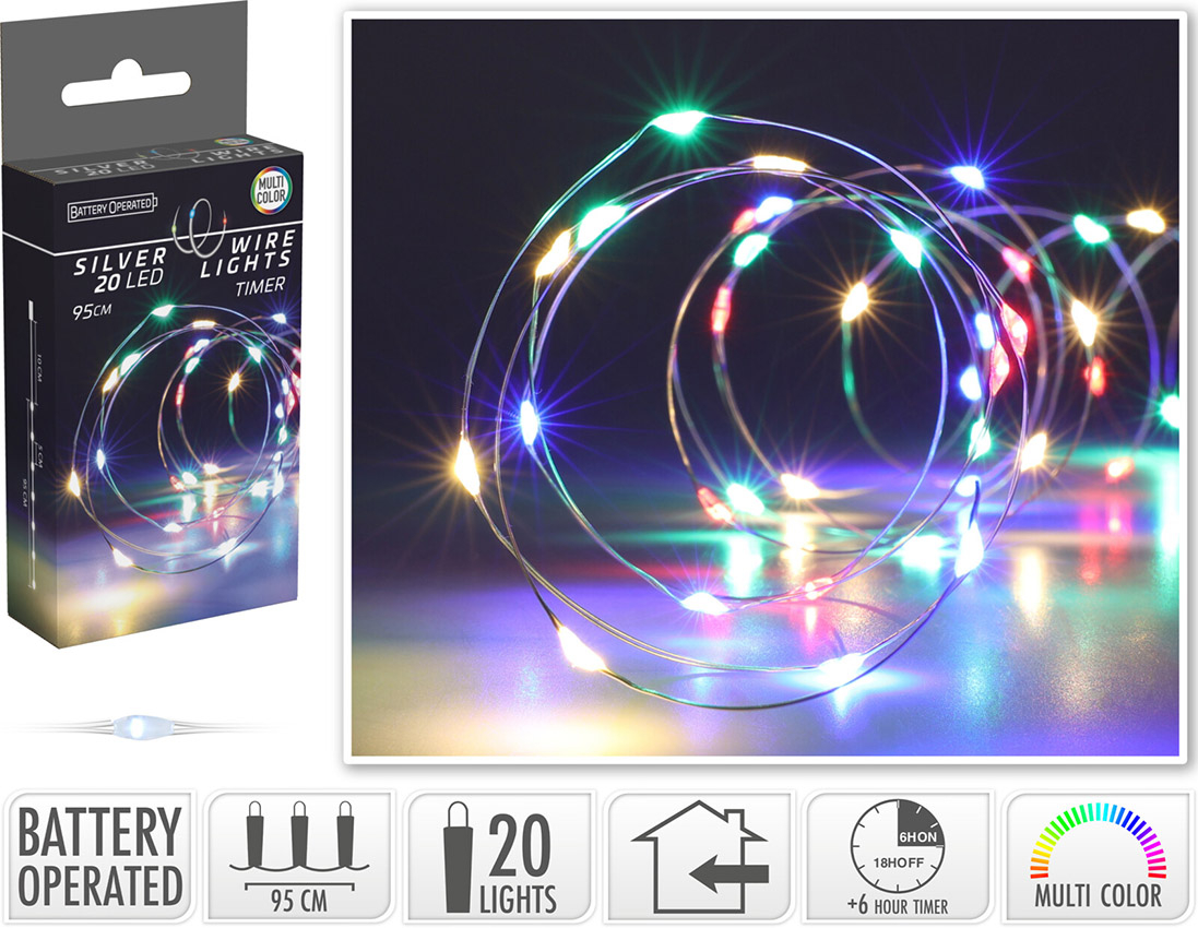 Lyskæde sølv-wire 20 LED multi