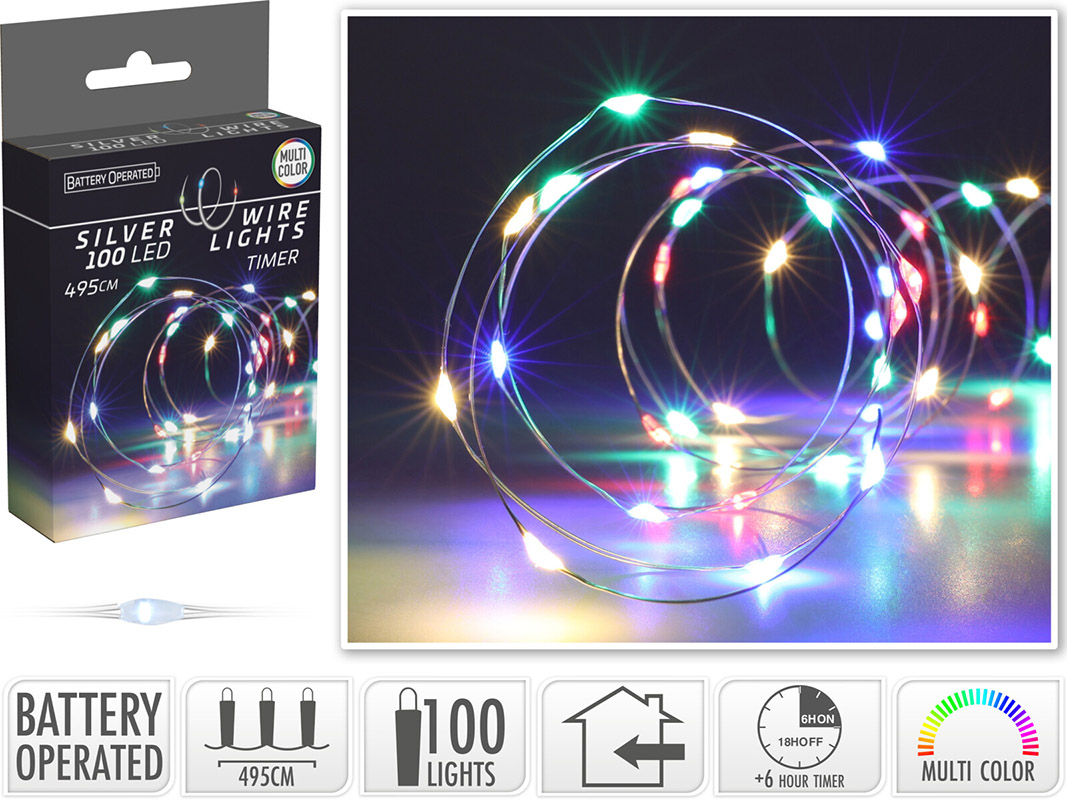 Lyskæde sølv-wire 100 LED multi