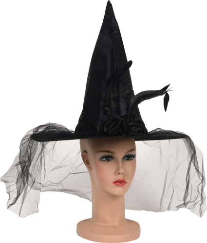 Heksehat med blomst, sort