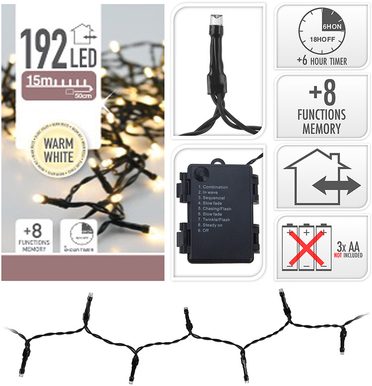 Lyskæde til batteri 192 LED