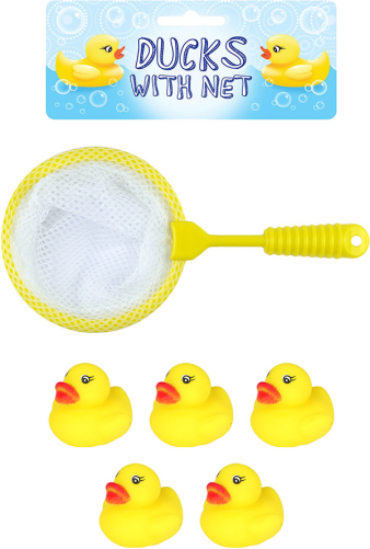 Net og 5 badeænder ca. 4 cm